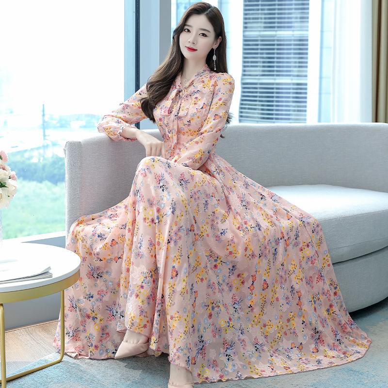 Floral Chiffon Dress Spring and Autumn Temperament Waist Slim Slimming Bow V-neck Jacquard Elegant Long Skirt