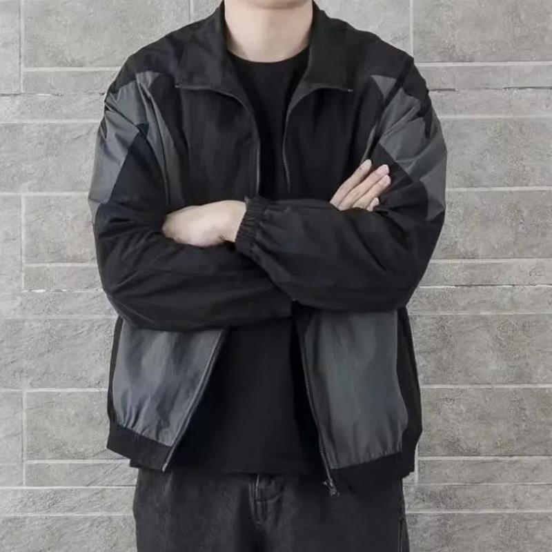 Men's Black Grey Geometric Color Block Lapel Zip Up Casual Windbreaker Jacket
