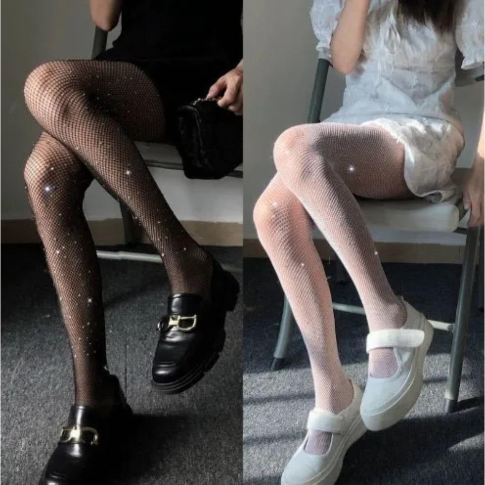 Black Silk Stockings Women's Thin BlackinsDisco Jumping Socks Internet Celebrity Hot Drilling Fishnet Stockings White with Diamo