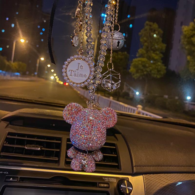Fashion Crystal Cartoon Gloomy Bear Car Hanging Ornaments Rhinestone Tassels Crystal Pendant Rear View Mirror Car Decoration