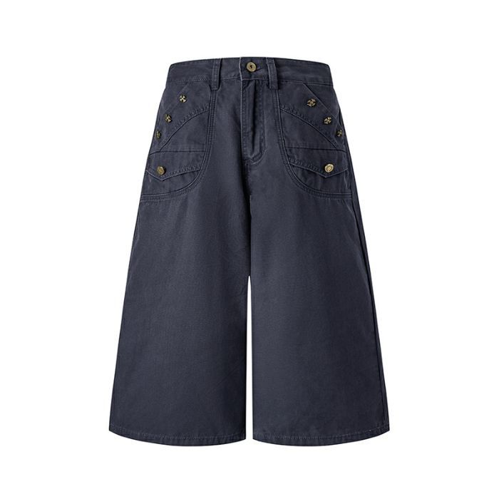 Fashion High Street Vintage Button Detailed Navy Blue Cropped Capri Cargo Pants For Women Loose Wide Leg  Versatile Slimming FigureFlattering Bottoms