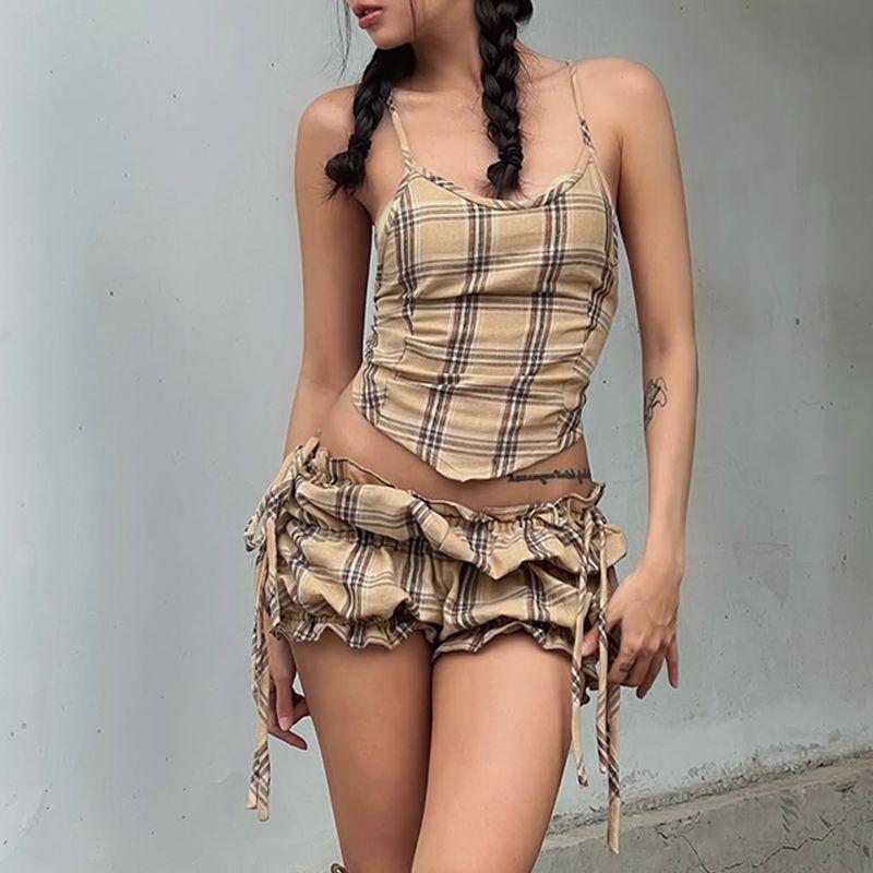American Gyaru Girl Plaid Backless Lace-up Halter Top Women + Sexy Low Waist Flower Buds Short Dress Set New
