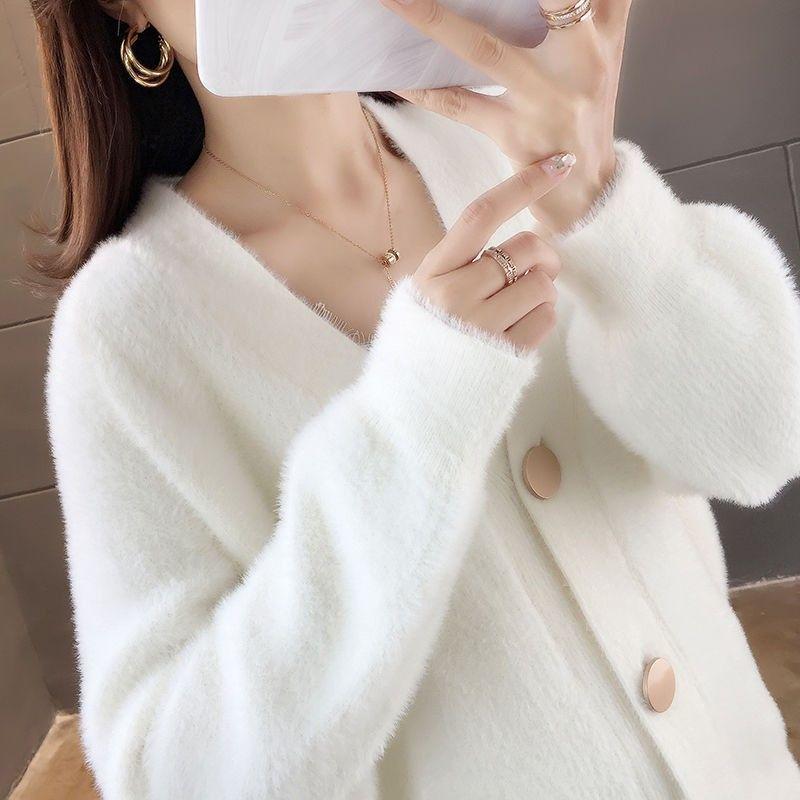 

Autumn and winter new imitation mink velvet knitted cardigan jacket sweater women s short loose outer top women s One size белый