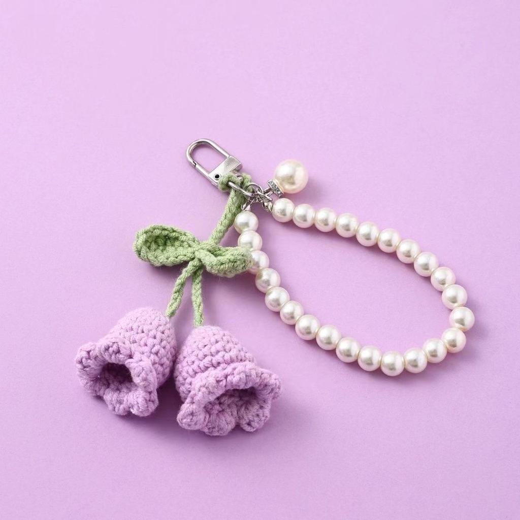 Korean Style Cute Yarn Crochet Girl Keychain with Pearl Chain and Decorative Bag Buckle