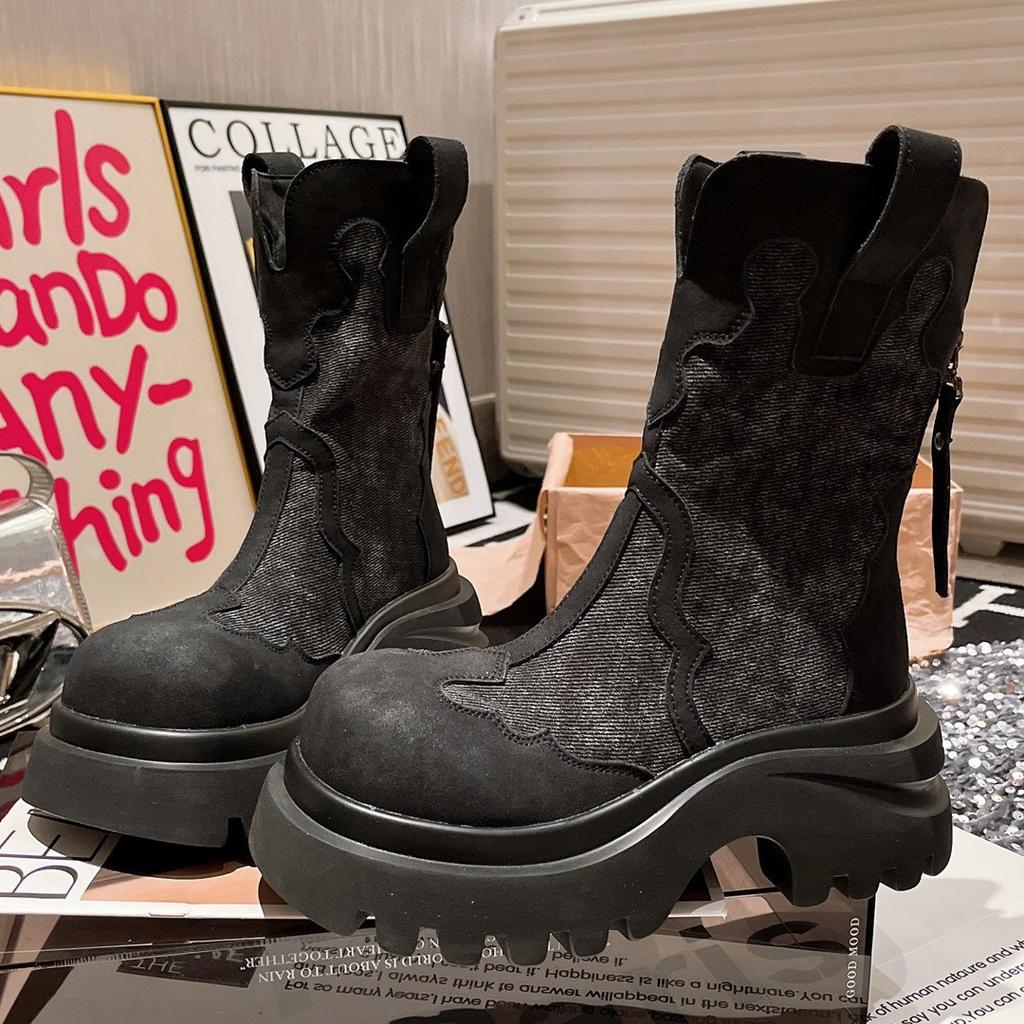 Martin boots women's ins super fire big head cowboy splicing tooling big yellow boots locomotive boots small 7cm thin women's shoes