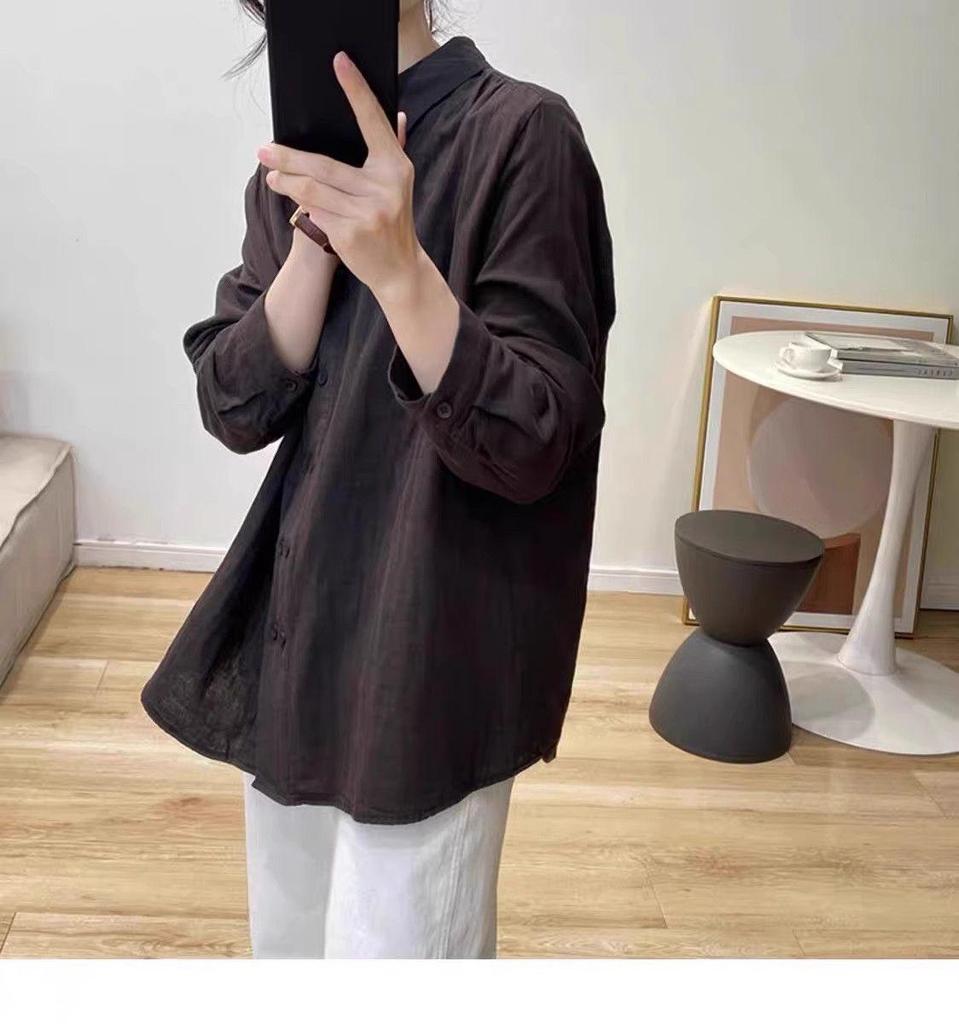 Women's Retro Double-Breasted Cotton Linen Long-Sleeve Polo Shirt