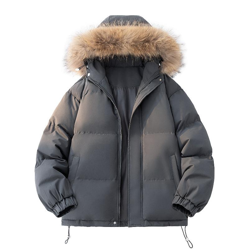 Cotton-padded Men's Winter Big Fur Collar Hooded Cotton, Loose Bread Clothes, Drawstring Hem Cold-proof Cotton Clothes