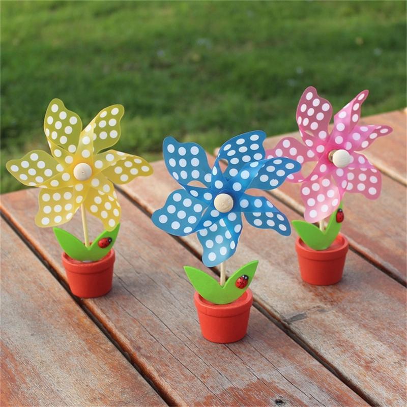 3Pcs Colorful Small Windmills with Flowerpots Ornament Desktops Decorations Cute Pinwheels Garden Lawn Kids Photo Props
