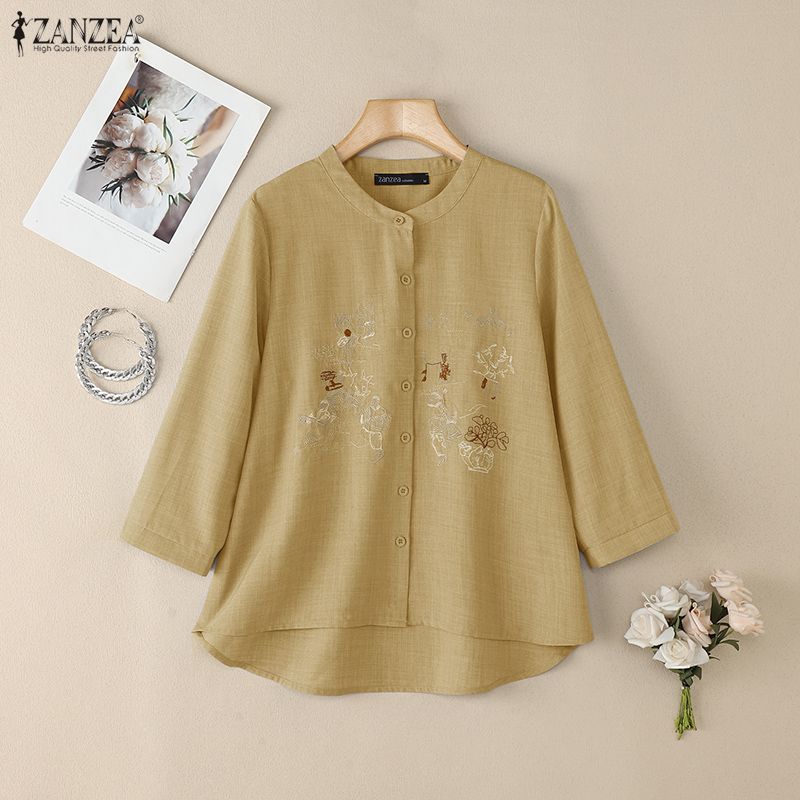 ZANZEA Women Embroidery Print Casual Round Neck Long Sleeve Blouse