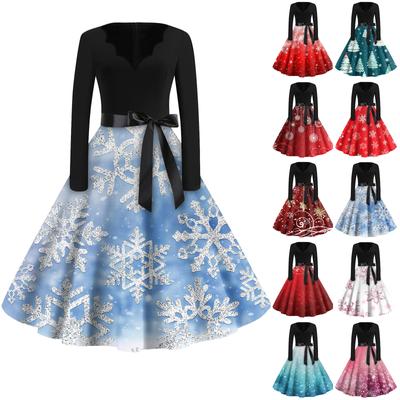 Women's Fashion V-Neck Casual Slim Christmas Printed Long Sleeve Dresses