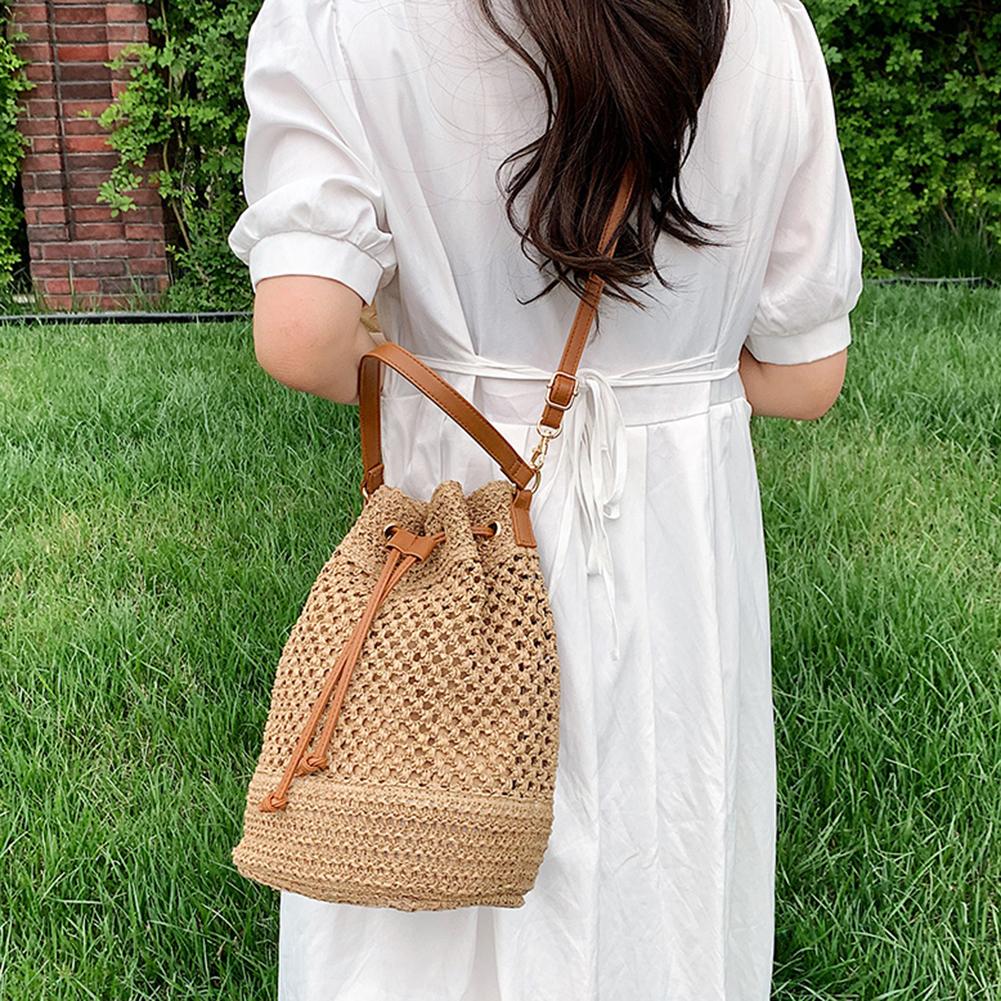 Stroh-Schultertaschen Kordelzug Damen Stroh-Beuteltasche Handtasche Raffia Gewebte Stroh-Handtaschen Lässige Boho-Strand-Umhängetasche