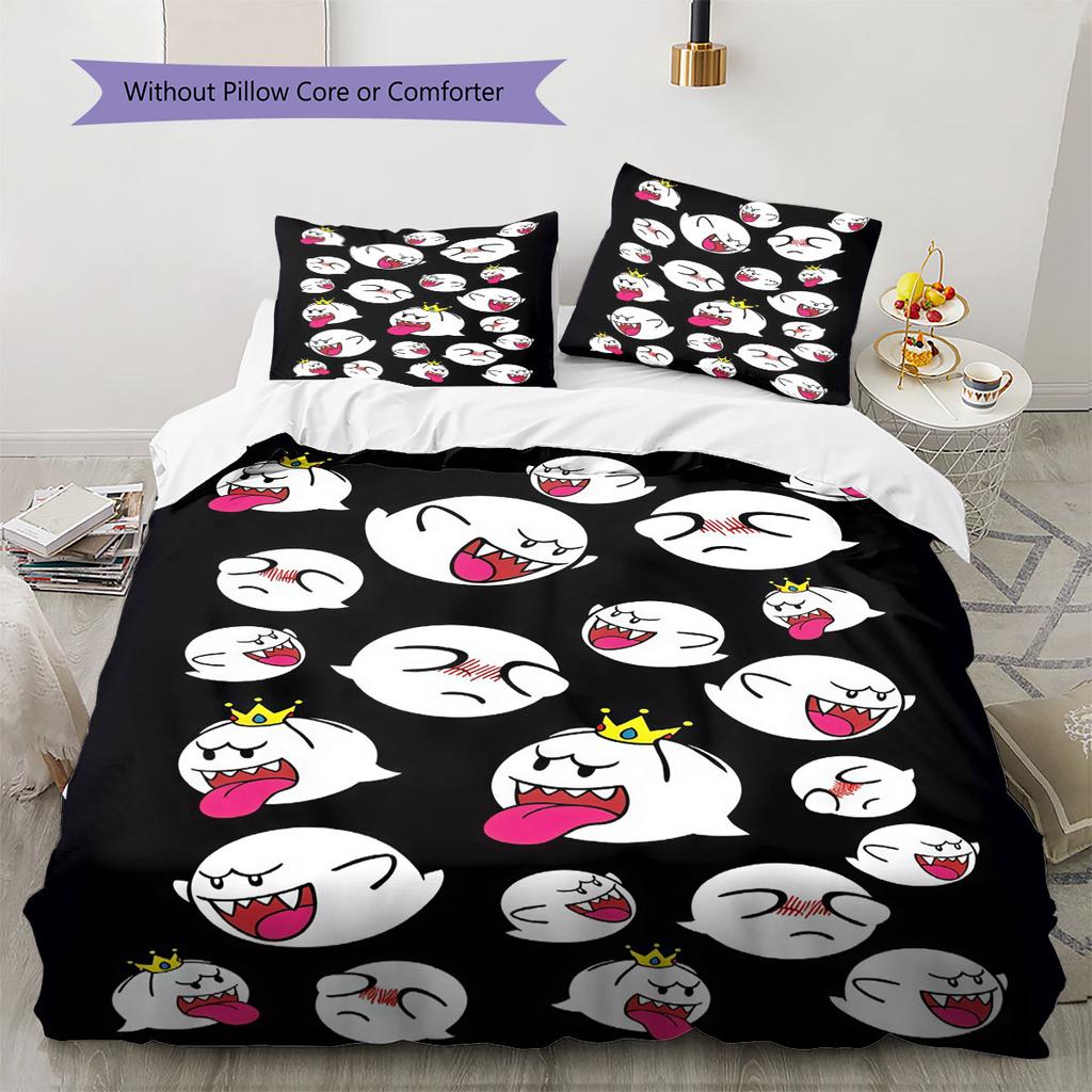 Boo Mario Pattern Bedding Home Decoration Birthday Gift ( 1 Duvet Cover + 2 Pillowcase, Without Core),fan Merchandise.