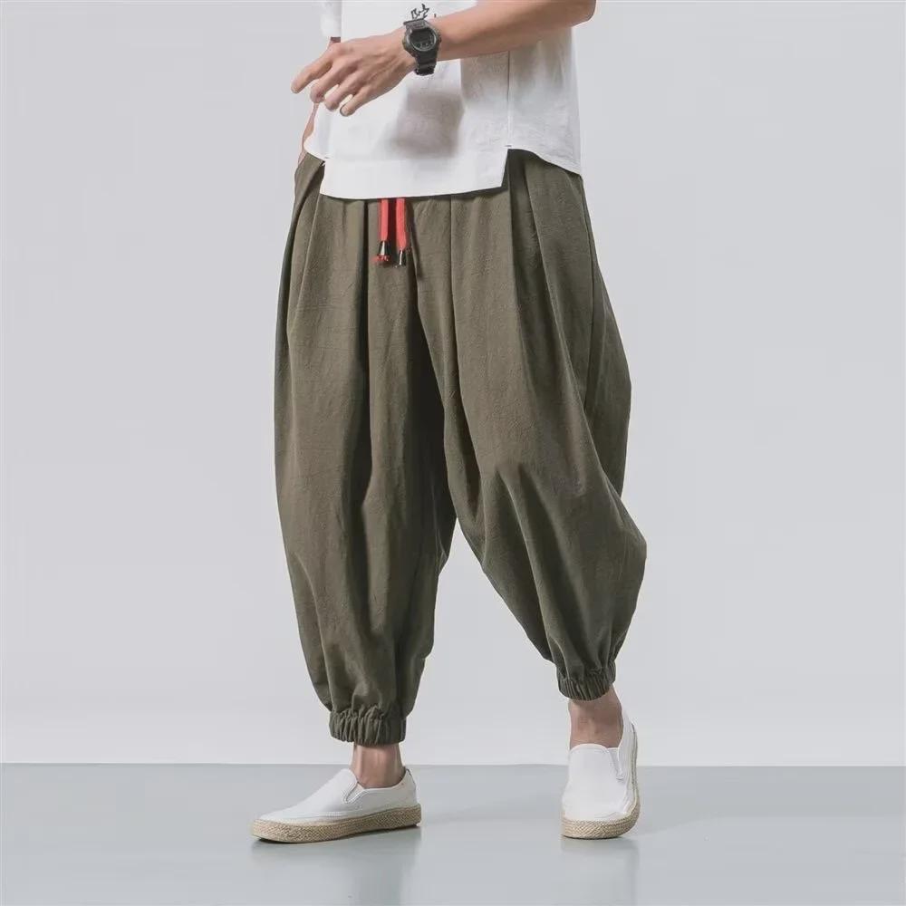 Men's Summer Loose Fit Cotton-Linen Nine-Point Wide-Leg Pants