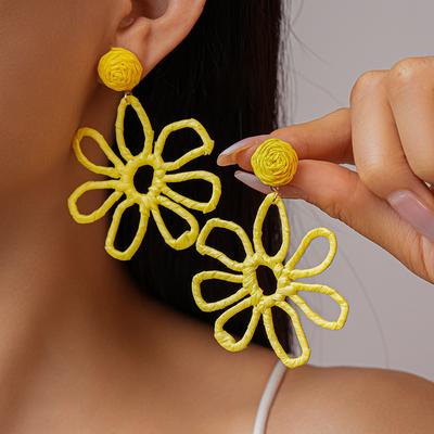 Holiday Style Raffia Woven Hollow Flower Silver Needle Earrings Fashionable and Sweet Temperament Earrings