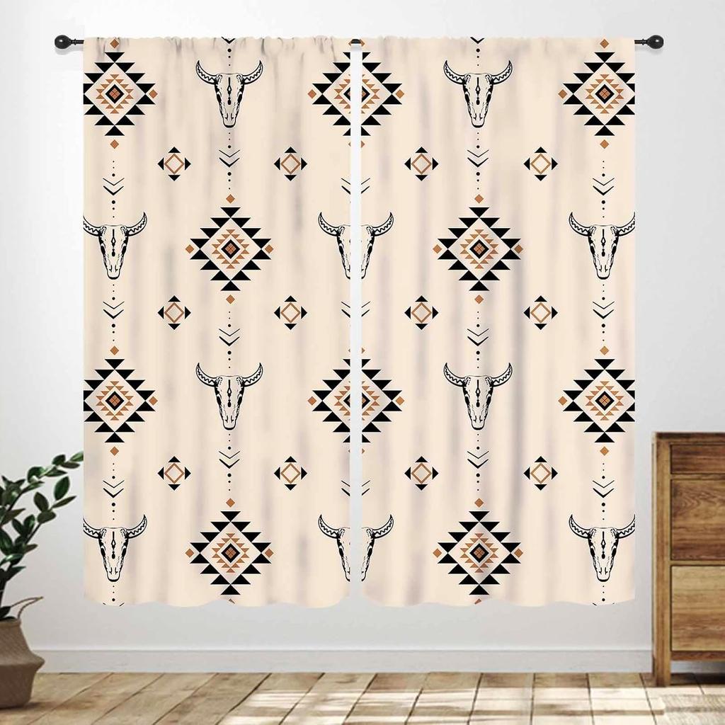 Western Cow Skull Curta,Beige Southwestern Bohemian Geometric Pattern Native Aztec Longhorn Head Cowboy Farmhouse Country
