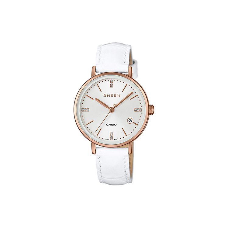Casio Sheen Series Business Three-Hand Date Display Swarovski Imitation Crystal Versatile Quartz Movement Leather Strap Watch SHE-4048PGL-7AUPR