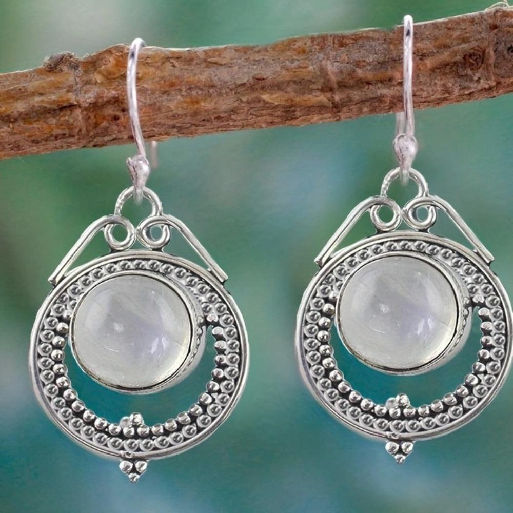 Charm Retro Ancient Silver Geometric Circle Seven-color Moonstone Red Opal Pendant Dangle Earrings for Women Temperament Jewelry