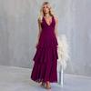 Summer Holiday Style V-neck Solid Color Splicing Long Halter Strap-on Dress 75