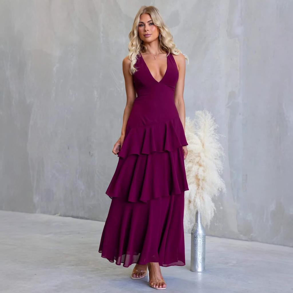 Summer Holiday Style V-neck Solid Color Splicing Long Halter Strap-on Dress 75