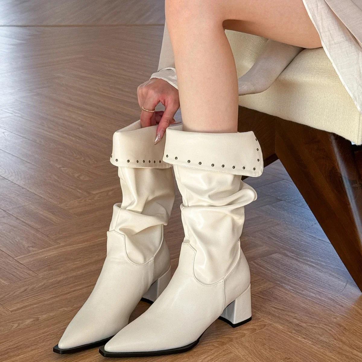 

Autumn Winter Women Boots Point Toe High Heels Retro Ladies High-end Leather Chelsea Boots Platform Mid Calf Boots Female Botas 35 білий