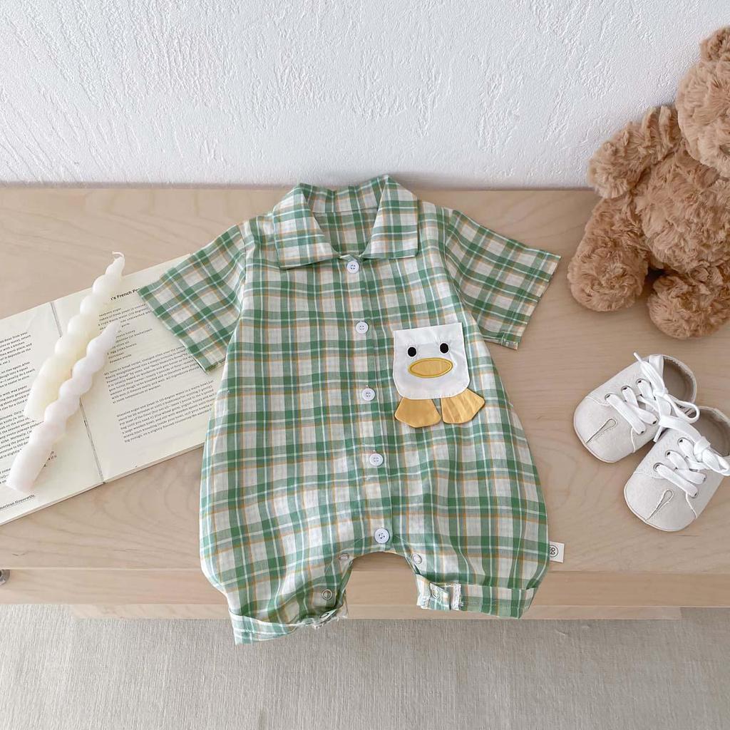 Summer Boys Plaid Short Sleeve Romper - Stylish Korean Style Crawling Suit for Infants