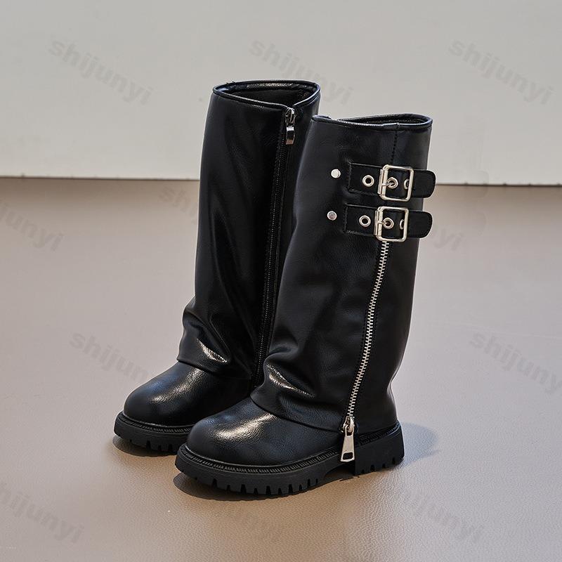 Children's Pu Leather Boots  Autumn Comfortable Anti Slip Zipper  Kids Knee Boots Girls Outdoor Buckle Princess Boots