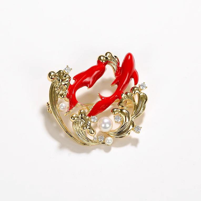 New Chinese style national tide full of gold and jade, koi pin coat, lucky red corsage, classical national style corsage