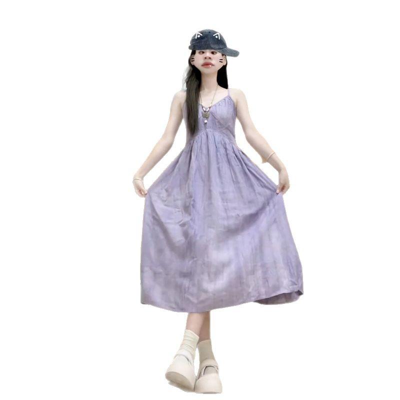 French-style High-end Purple Spaghetti Strap Dress for Women, New Summer Seaside Vacation Waist-cinching Elegant Long Dress
