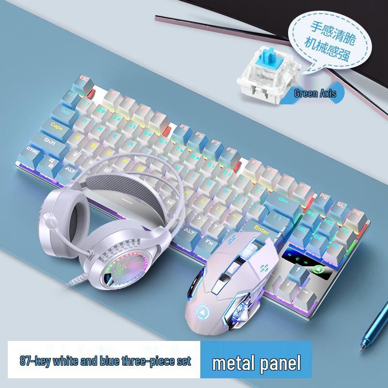 Silver Mechanical Keyboard, Mouse, and Headset Set - Blue/Black Switches, 87/104 Keys, Wired Gaming & Office E-Sports Bundle