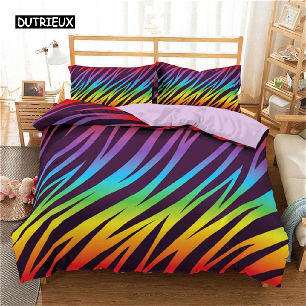 Regenbogen Druck Bettwäsche Set, Bunter Streifen Bettbezug Weiches Bettwäsche Set, Einzelbett King Queen Größe 3-teilig Polyester Bettdeckenbezug