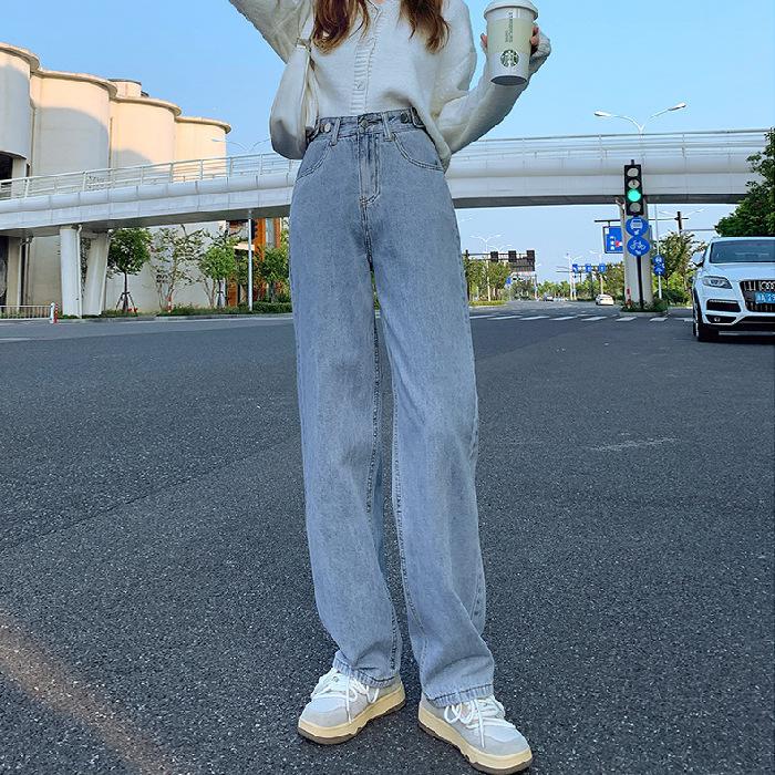 

Весенние и осенние джинсы, женские прямые джинсы с высокой талией, свободные широкие брюки, джинсовые джинсы 2XL светло-синий