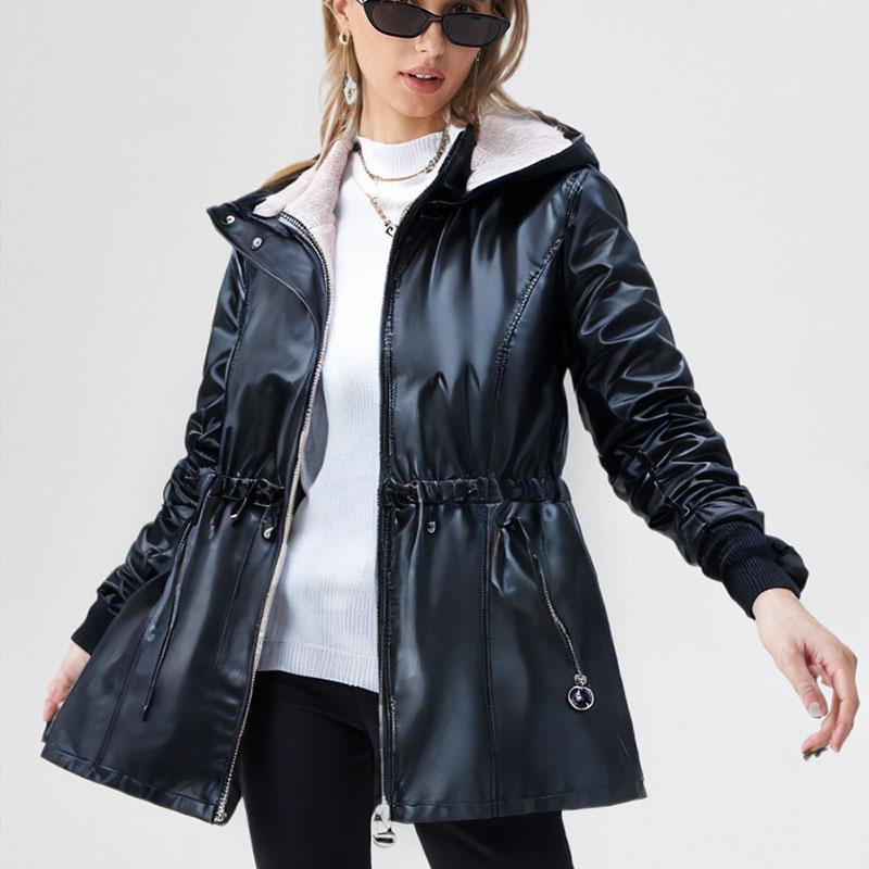 Autumn Winter Women's Fleece Leather Jacket Mid-Length Slim Fit PU Hooded Leather Jacket Flocked Thick Warm Leather Coat
