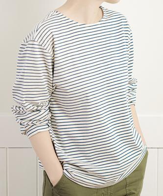 CHIQUITA Cotton Striped Boat Neck Long Sleeve Tee Blue