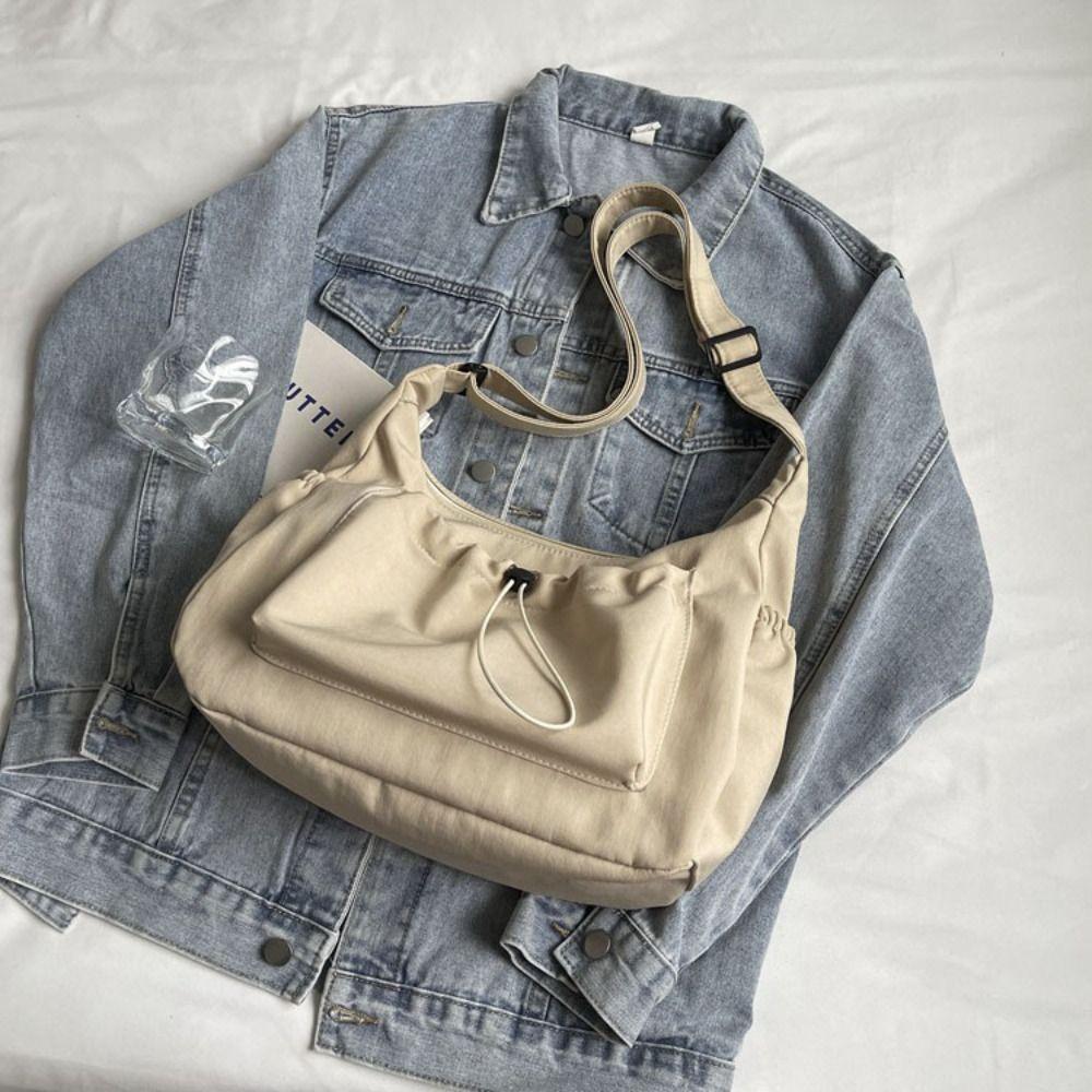 Elastic Rope Drawstring Tote Bag Solid Color Pleated Shoulder Bag Nylon Crossbody Bag  School