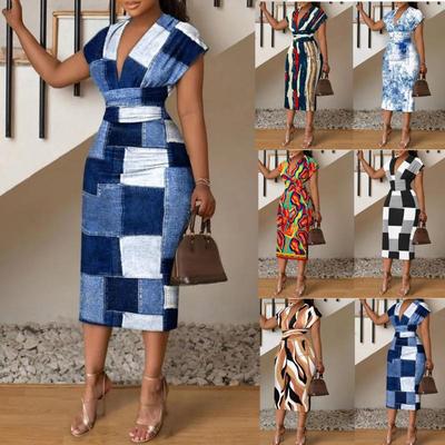 2024 Autumn Women's Printed V-Neck High Waist Long Dress