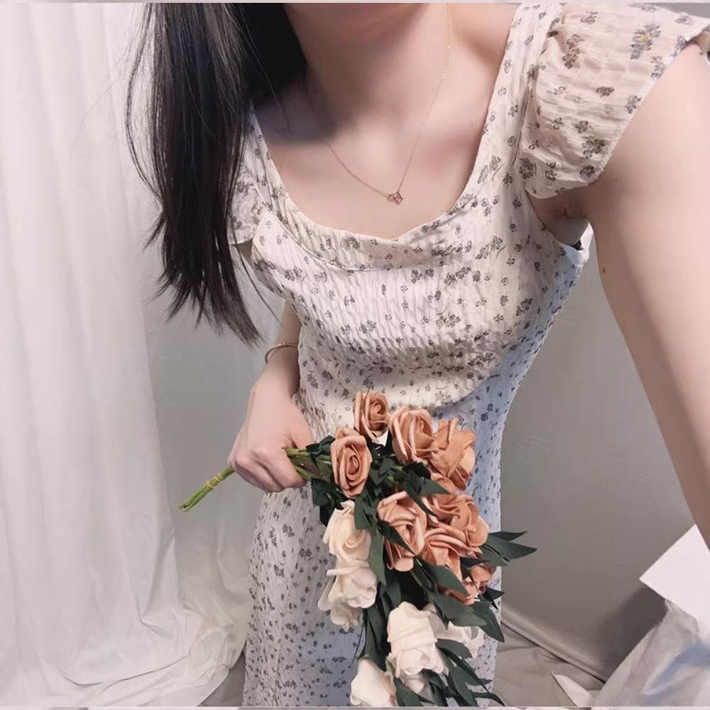 French Vintage Floral Small Fly-sleeve Dress for Women, New Summer Niche Waist-cinching Slimming Sweet Long Skirt