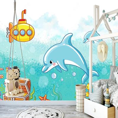 Papier Peint Mural 3D Nordique Dessin Animé Peint à la Main Dauphin Sous-marin Fresque Décoration Chambre d'Enfant