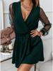 V Neck Lace Long Sleeve Women  Dresses High Waist Splicing Dress Girl Cocktail Evening Dresses