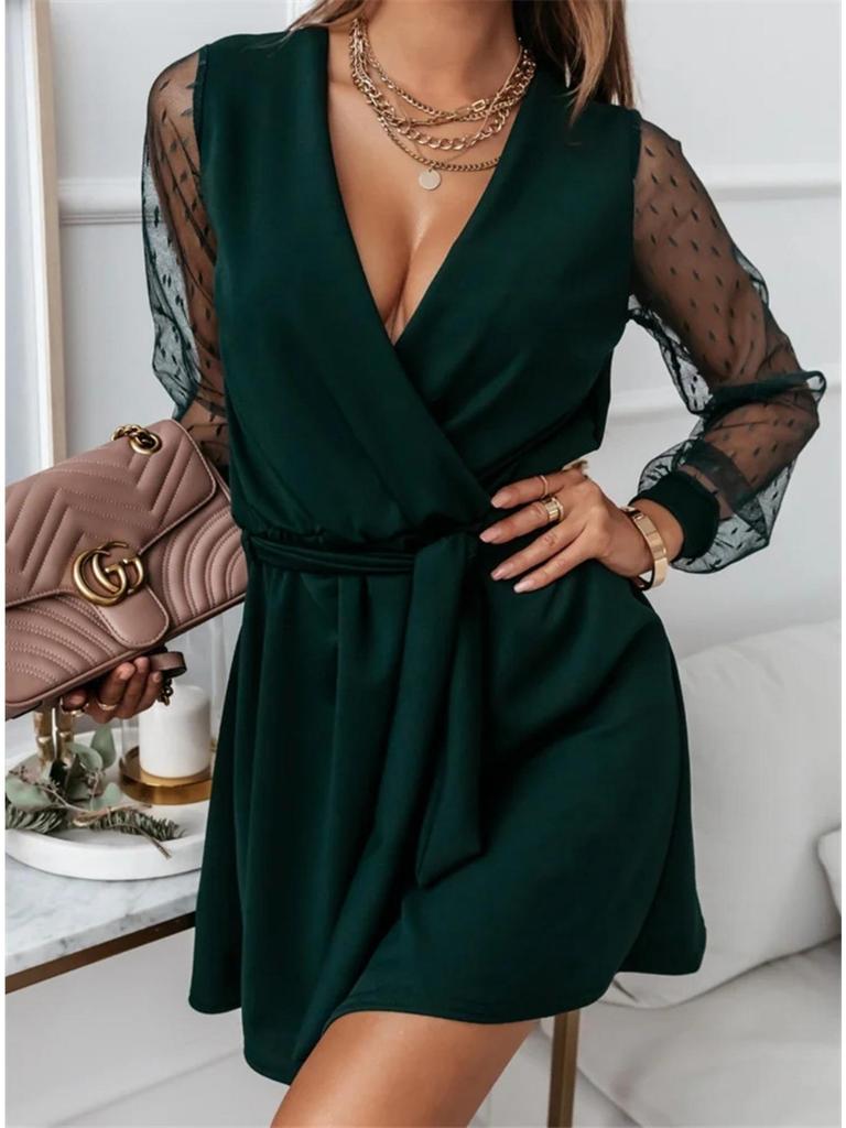 V Neck Lace Long Sleeve Women  Dresses High Waist Splicing Dress Girl Cocktail Evening Dresses