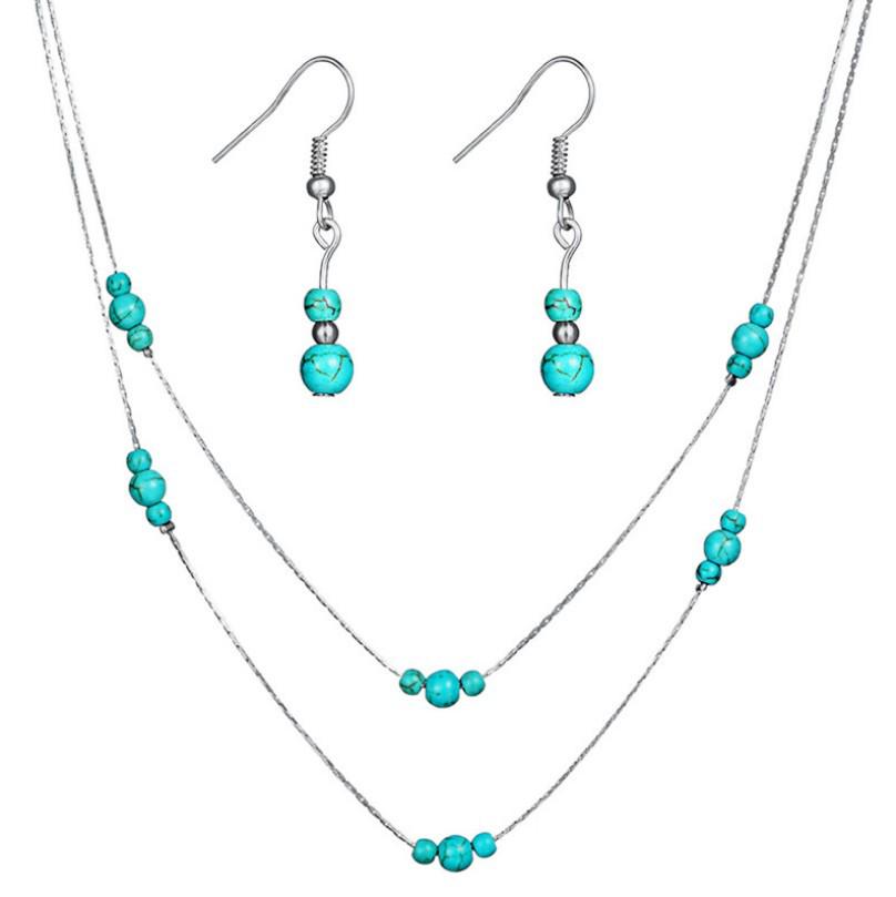 Retro European  American Jewelry Set: Multi-layer Necklace  Round Turquoise Gemstone Earrings for Women