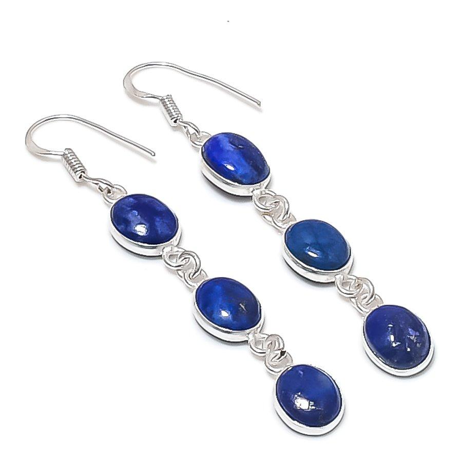 Natural Lapis Lazuli Gemstone Handmade 925 Sterling Silver Earring 2.56" b6P50