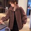 Short Women's Trendy Winter Double-Sided Fleece Stand Collar Hoodie Cardigan Zipper Jacket