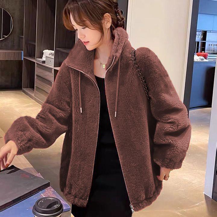 Short Women's Trendy Winter Double-Sided Fleece Stand Collar Hoodie Cardigan Zipper Jacket
