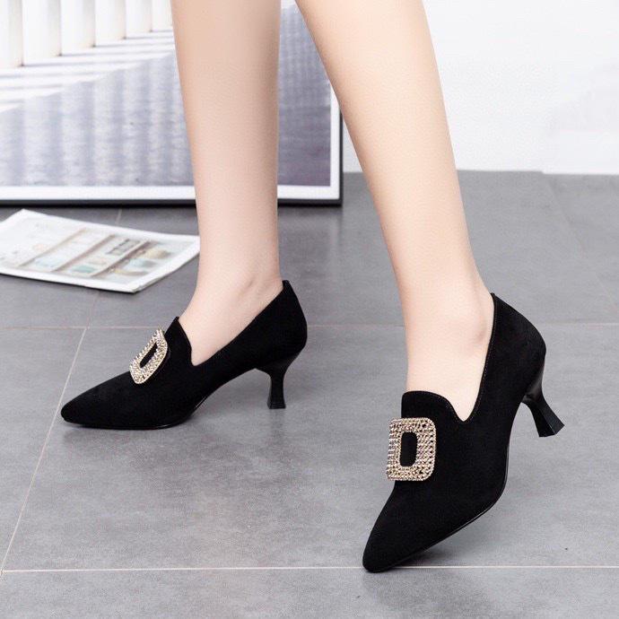 Pointed High Heels Spring New Square Buckle Metal Buckle Temperament Women's Shoes Black Sheepskin Thin Heel Deep Mouth Single Shoes