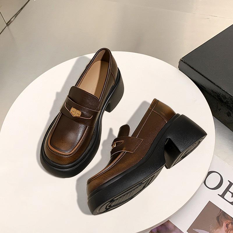 

Women s Spring Chunky Heel Loafers: Black Genuine Leather, Thick-Soled, Platform, Versatile British Style. 36 чорний