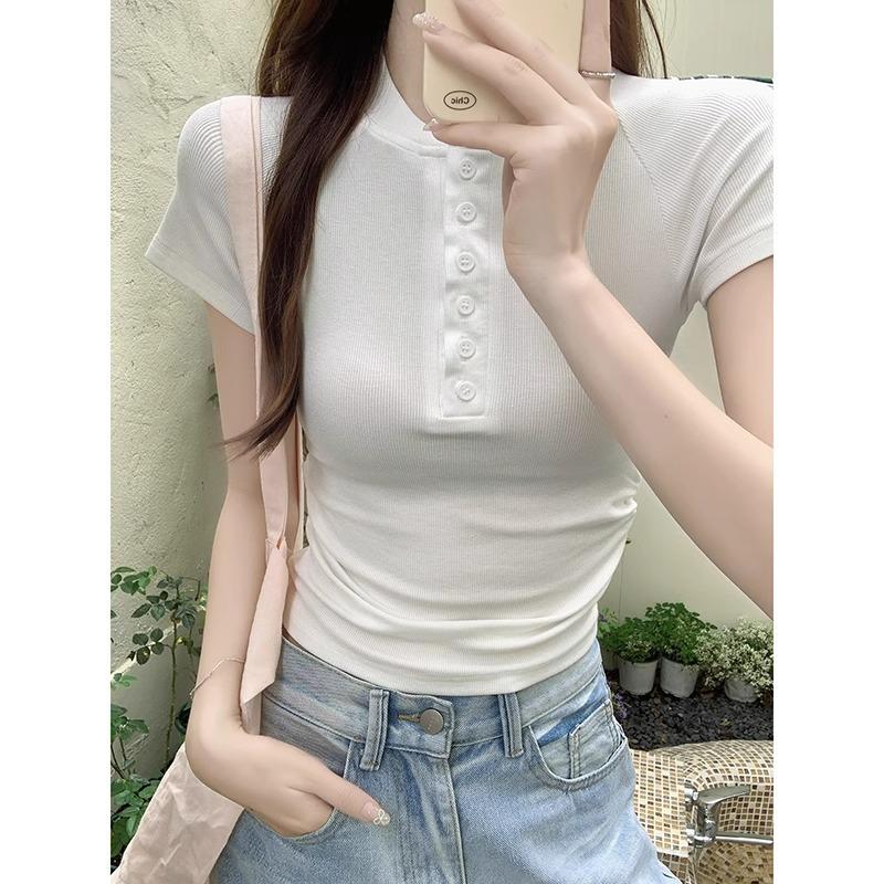 

Французское лето однотонная рубашка на пуговицах с прямым плечом, полуоткрытым воротником, коротким рукавом, приталенная футболка с рукавом реглан для женщин XL