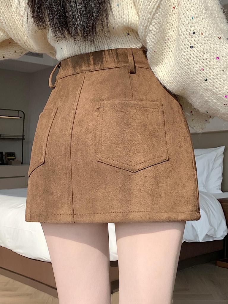 Retro Coffee Suede A-line Mini Skort for Women - Autumn/Winter High Waist Slimming Design