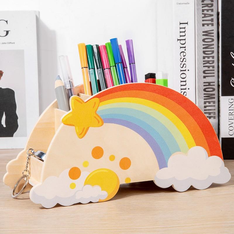 Wooden Rainbow Cloud Pen Holder Office Desktop Indoor Creative Crafts Storage Children's Ornament Toys