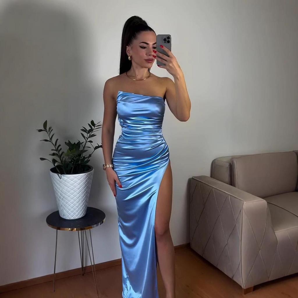 Satin Waist-Cinching Strapless High Slit Dress for Women - Summer 2025 Collection