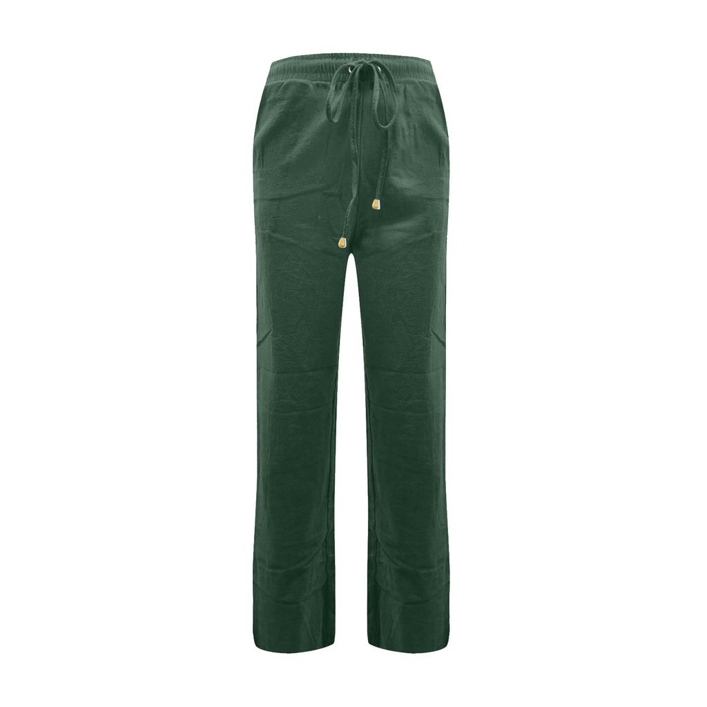 Women Casual Cotton And Linen Drawstring Elastic Waist Long Straight Pants